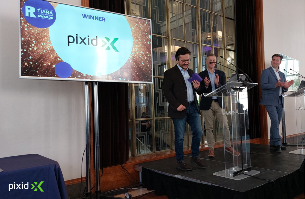 Julian Mariotti happily collecting the Customer Service Award on behalf of Pixid, at the 2022 TIARA Talent Tech Star Awards in London